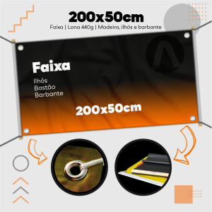 Faixa 200x50cm Lona 440g 200x50cm 4x0 Sem Verniz Bastão, Barbante e 4 Ilhós 